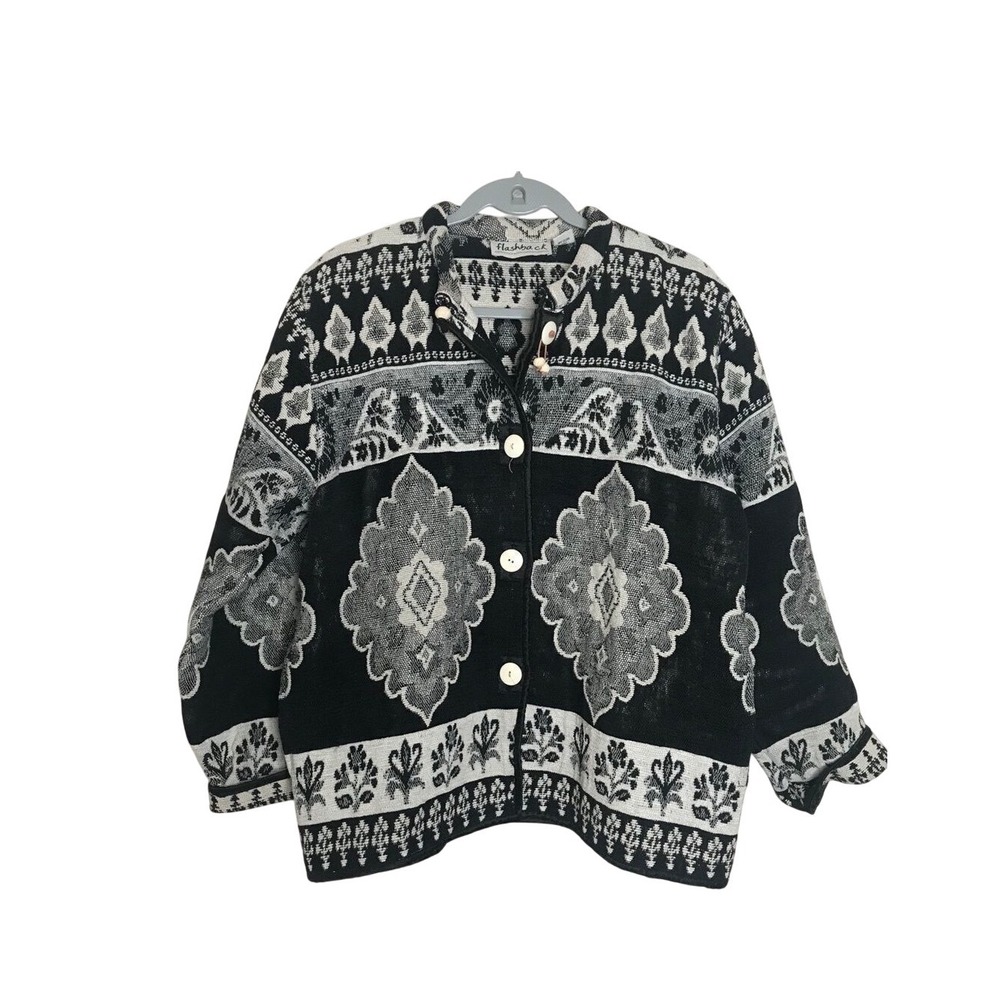 Vintage Flashback Womens Black‎ White Tapestry Jacket Geometric M